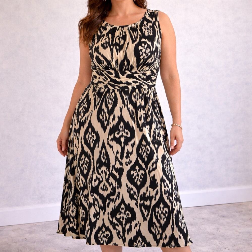 North Style Cream Black Ikat Print Sleeveless Midi Dress Sz 18 - Picture 9 of 11
